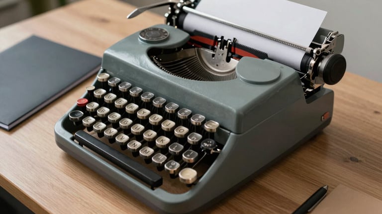 A close-up of a classic typewriter and a refined media kit folder on a taupe wooden table in a North American / US office setting.