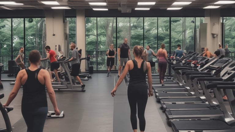 A vibrant gym interior with people working out, showcasing a modern fitness environment