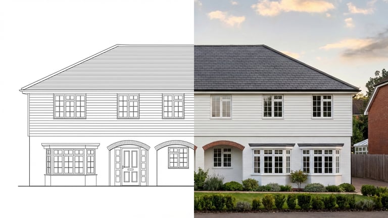 Split view of a residential home architectural blueprint transitioning into a finished modern white house.