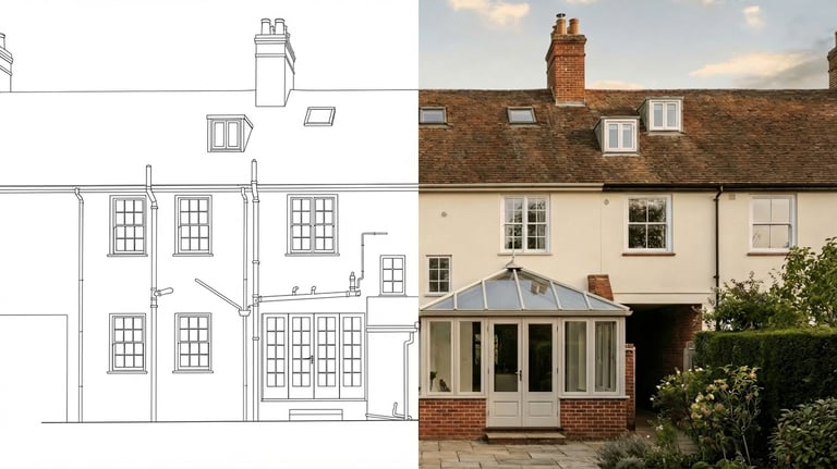 Architectural drawing and real-life view of a residential house extension with a glass sunroom.