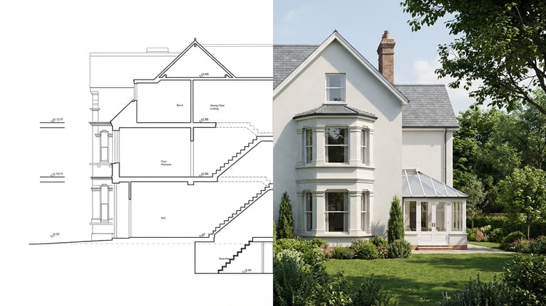 Side-by-side comparison of a technical architectural house section drawing and a realistic modern home 3D render.