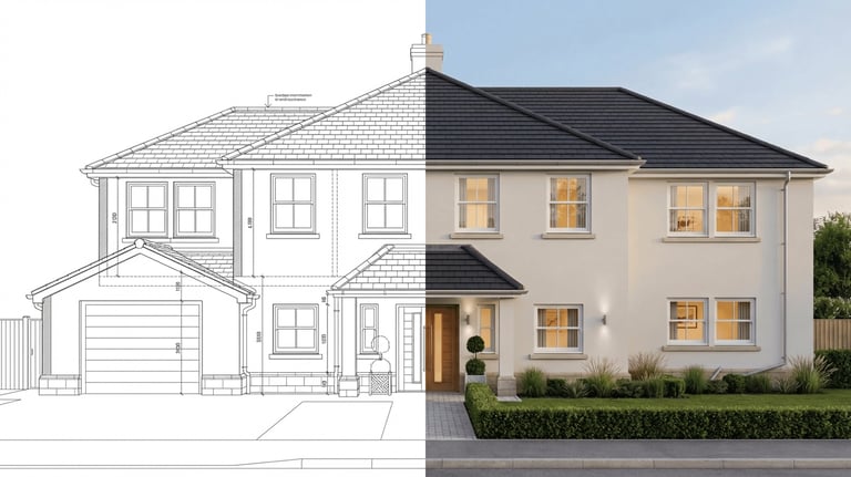 Split view of a modern two-story home architectural blueprint transitioning into a realistic 3D exterior render.