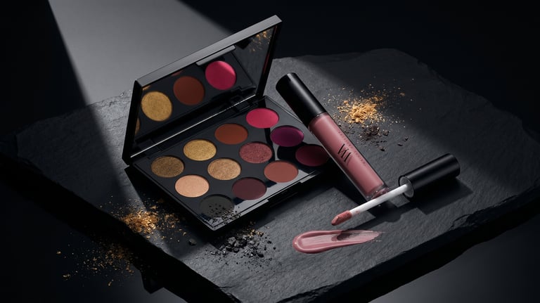Luxury eyeshadow palette and matte liquid lipstick set on a dark slate background with gold shimmer.