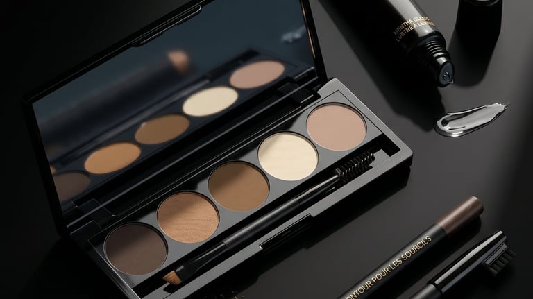 Professional brow makeup kit featuring a neutral eyeshadow palette, two brow liners, and clear setting gel.