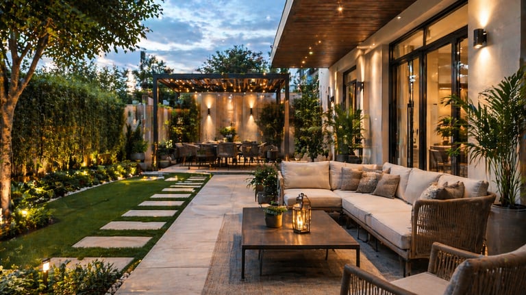Modern backyard patio with outdoor sofa, dining pergola, and warm evening landscape lighting.