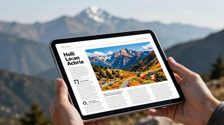 A bright photograph of a tablet displaying a vibrant magazine article with a backdrop of a mountain range.