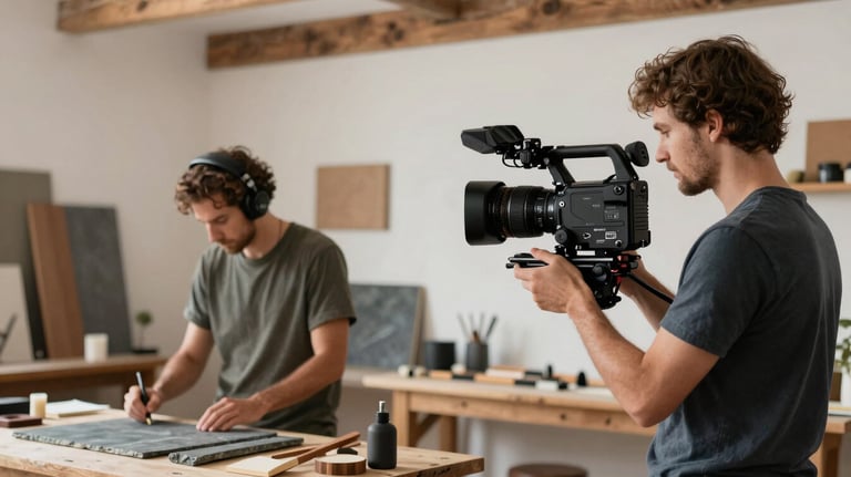 A photograph of a videographer filming a local artisan at work in a bright, rustic studio with wood and slate accents.