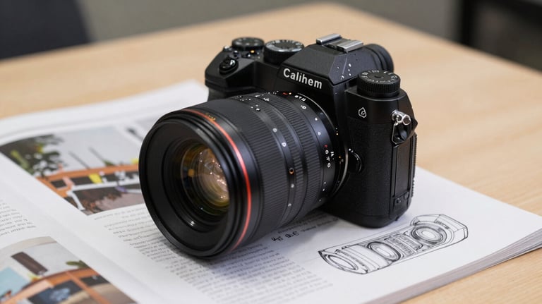 A sharp, clear photograph of a modern lens and camera sitting on a desk next to a sketch of a magazine spread.