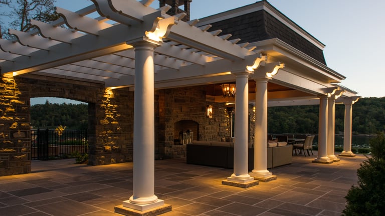 Luxury outdoor patio featuring a white pergola with stone pillars and integrated lighting at sunset.