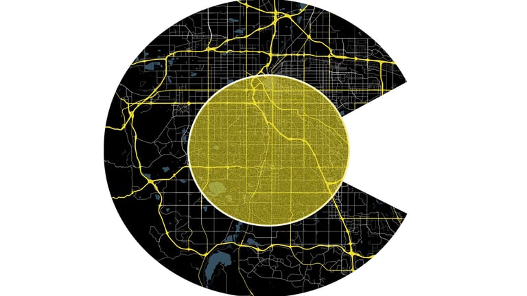 Stylized Colorado state flag logo with a detailed Denver city street map overlay in yellow and black.