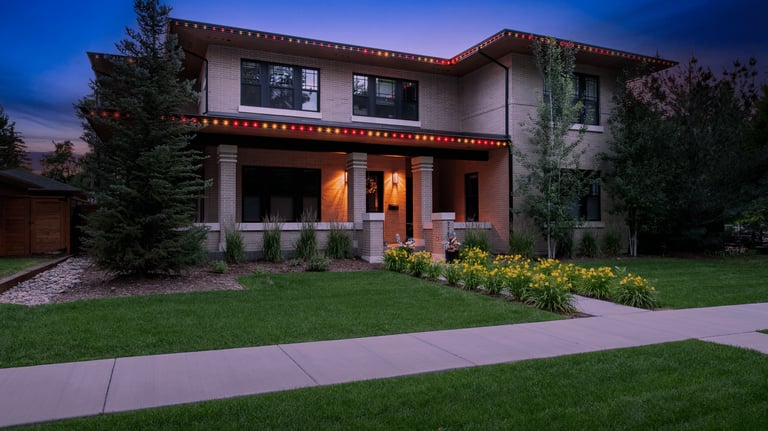 Two-story modern brick house with permanent exterior LED holiday lighting and a green lawn at dusk.