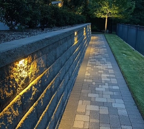 Illuminated stone paver walkway with landscape lighting integrated into a grey retaining wall.