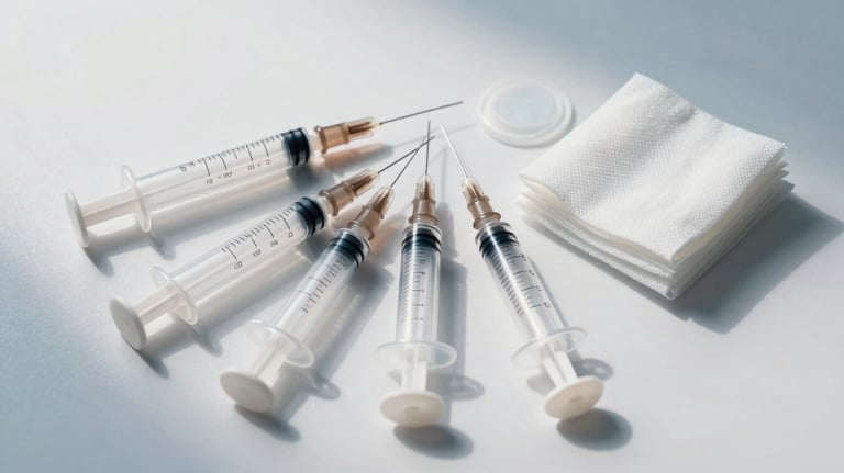 A group of sterile medical supplies, including syringes and bandages, arranged on a clean white surface with soft powder blue shadows. Top-down view.