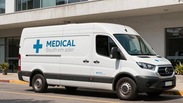 A professional shot of a modern delivery vehicle with discrete medical branding parked outside a healthcare facility in a South American city. Bright daylight.
