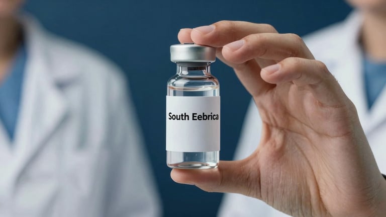 A macro shot of a person in a white lab coat holding a clear medicine bottle with a professional label, soft navy blue background, South American clinical setting.