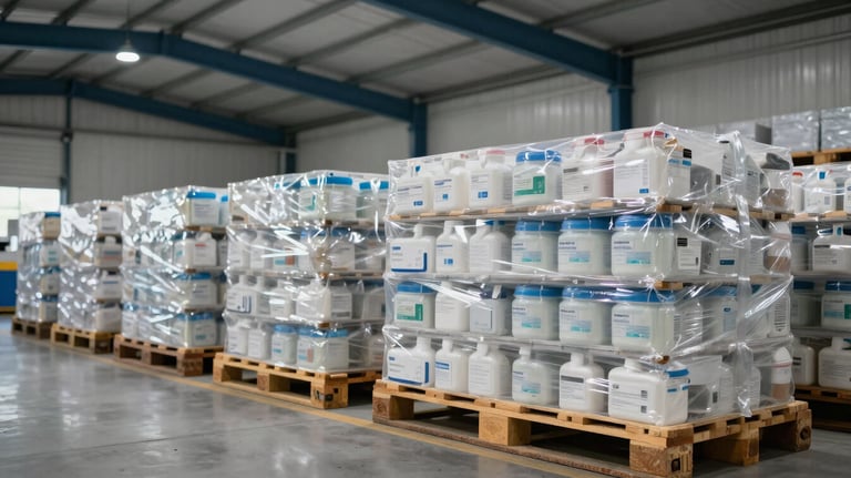 A clean warehouse interior in South America with organized pallets of medical supplies, illuminated by soft, industrial lighting. Navy blue beams and structure visible.