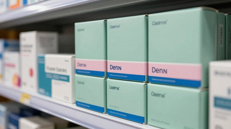 An organized shelf of pharmaceutical products in a distribution center. Boxes are neatly stacked, showing sage green and powder blue accents. Professional and clean aesthetic.