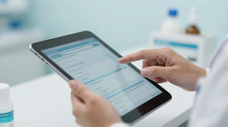 Close up hands of a pharmacist in South America using a tablet to browse a digital medical supply catalog. Clean, bright setting with soft powder blue tones.
