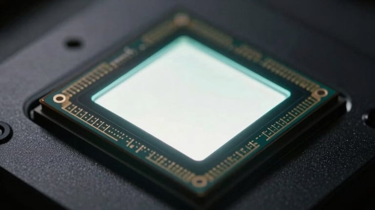 A close-up of a digital sensor glowing with a soft white light, reflecting on a polished black surface, tech-luxury style.