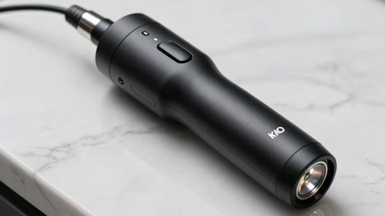 Photography of a sleek, ergonomic diode laser handpiece, matte black finish, resting on a white marble surface, luxury lighting.