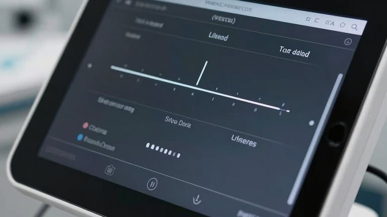 Macro shot of a high-resolution touchscreen interface on a professional medical device, showing minimalist UI design in black and white.