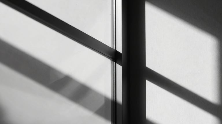 Abstract photography of light passing through optical glass, creating clean lines and geometric shadows, minimalist black and white style.