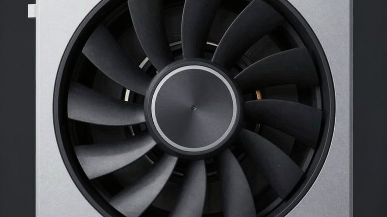 Symmetrical shot of a modern cooling fan vent on a high-end beauty device, clean industrial design, light grey and black tones.