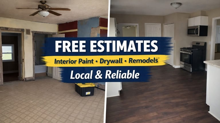 Before and after home remodel featuring new interior paint, drywall repair, and dark wood flooring.