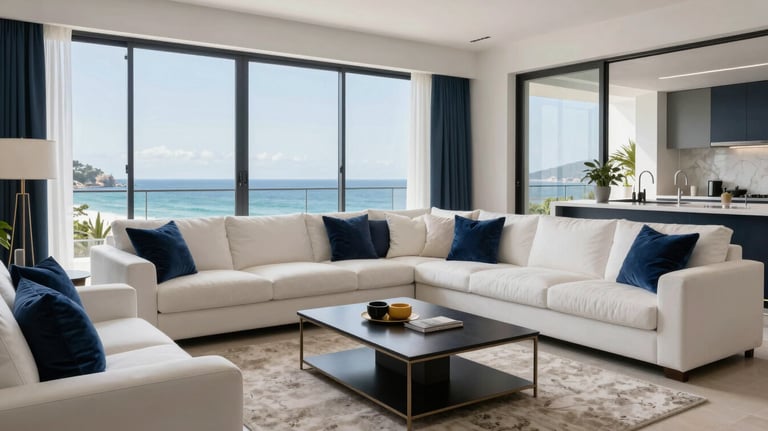 A high-quality photo of a stylish apartment living room with views of the Veracruz coast, featuring white furniture and navy blue accents.