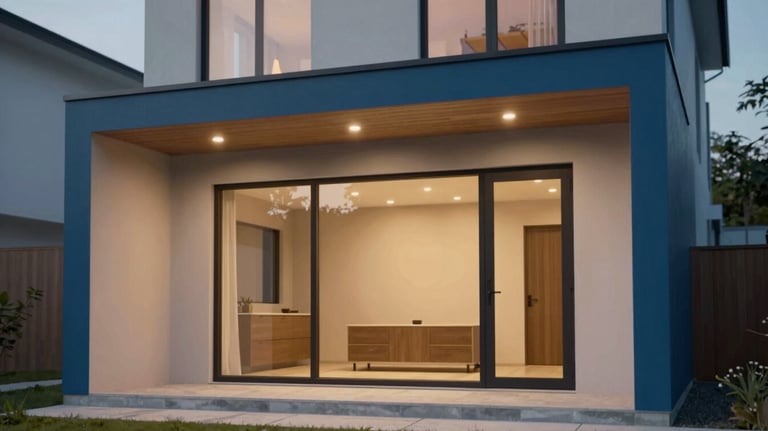 A high-quality 3D architectural render of a contemporary house facade with warm lighting and medium blue accents on the trim.