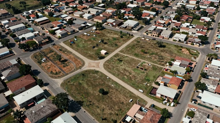A photograph showing an aerial view of subdivided land lots in a developing Latin American / Mexican residential area, clean and organized.