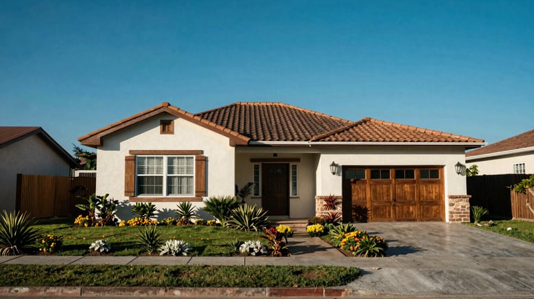 A vibrant photo of a beautiful suburban house in a Latin American / Mexican neighborhood, with a clear blue sky and well-maintained garden.