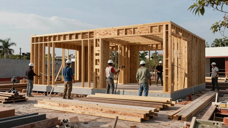 A photograph of a construction site in Veracruz, Mexico, where professional workers are framing a modern house, showing high-quality materials.