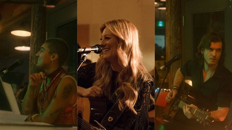 A collage of singers Zenon, Alex Hughes, and Flaysher performing at a Blue Jay Sessions event