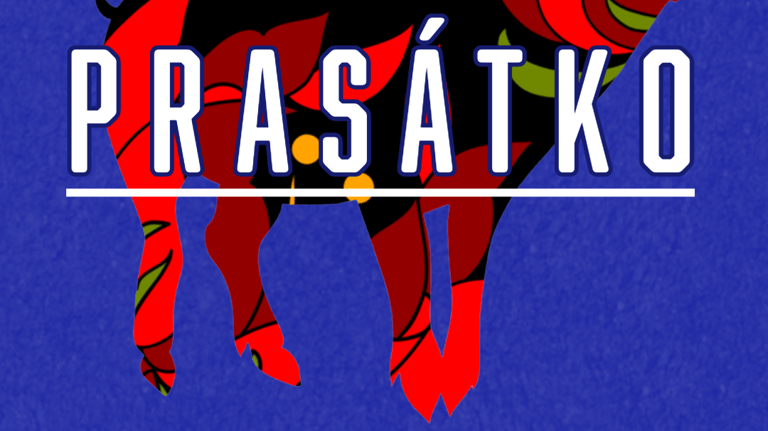 PRASATKO czech food pop-up logo of a colourful pig with font overlay