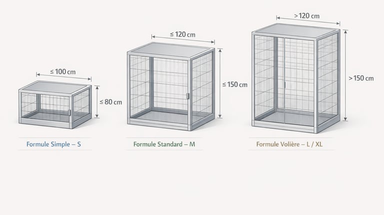 schéma explicatif des dimensions maximales par formule: simple/S - Standard/M - Volière L/XL
