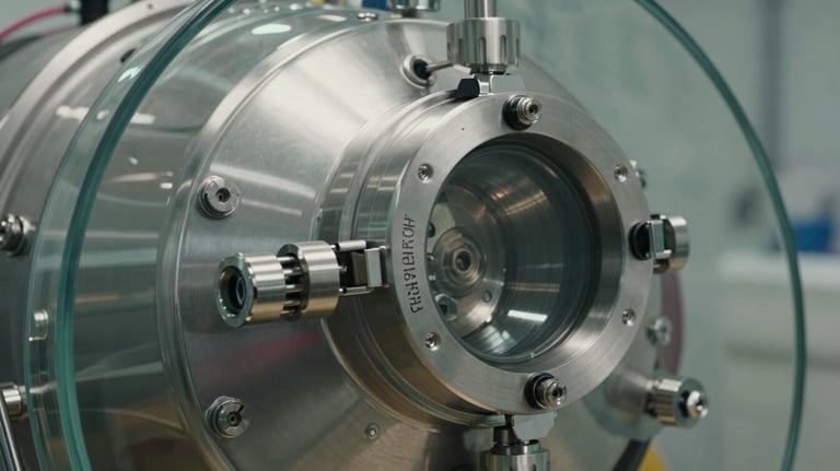 Close up of a stainless steel and glass hyperbaric chamber seal, showcasing precision engineering and safety locks.