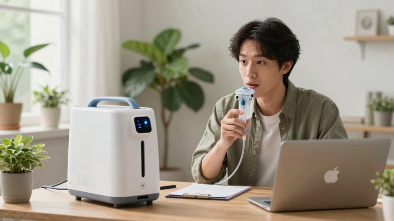 A person in a North American home office looking focused and energized, with a compact oxygen concentrator nearby. Bright, airy room with lots of plants.