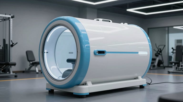 A high-end, futuristic oxygen chamber with sky blue accents, placed in a minimalist gym setting. Professional lighting, clean lines.