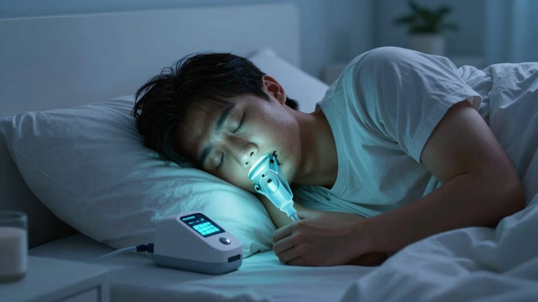 A person sleeping peacefully in a high-end North American bedroom, with a soft sky blue glow from a bedside oxygen device. Calm, nighttime atmosphere.