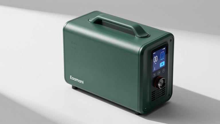 A portable medical-grade oxygen unit with sleek dark green casing and a modern digital interface. Photographed on a clean white surface with sharp shadows.