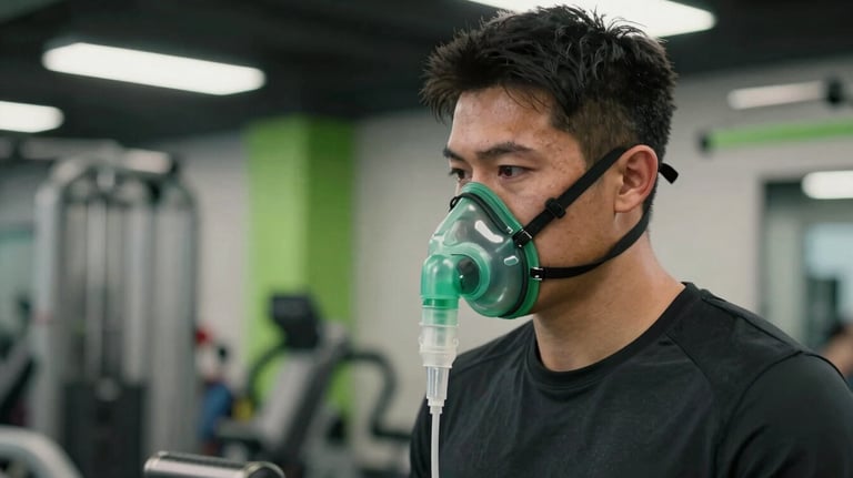 A professional athlete using a high-tech oxygen mask in a training facility, looking focused. Background shows modern equipment and green accents.