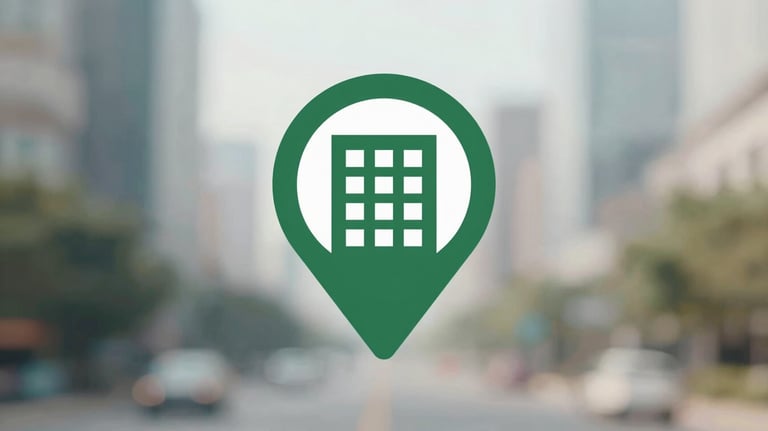 Minimalist icon of a map pin or an office building in professional #1B2D26 green, clean and modern design.