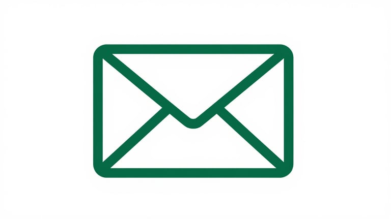 Minimalist icon of an envelope or email symbol in #1B2D26 green, sleek lines, professional aesthetics.
