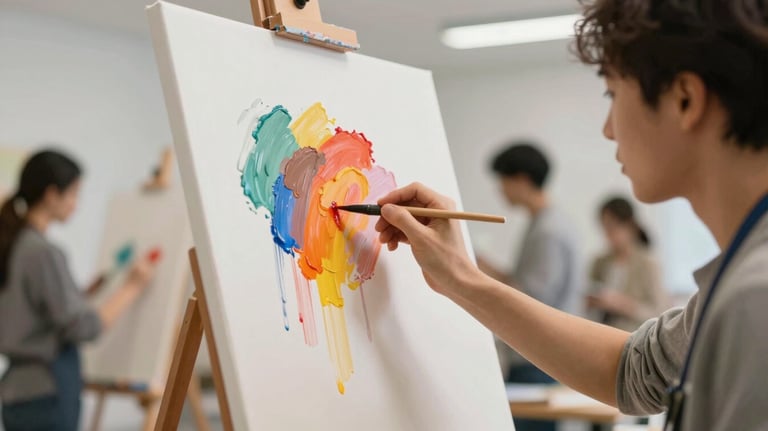 Detail of a team painting together on a single canvas, representing artistic collaboration, vibrant colors against professional background.