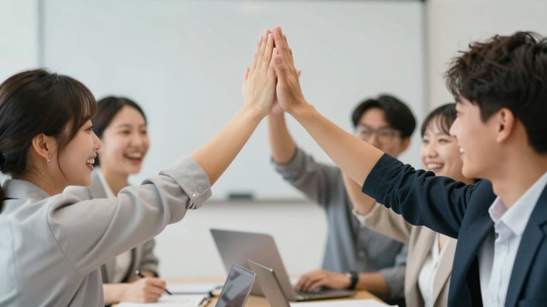 Team members high-fiving during a workshop, captured in a candid and energetic shot, focusing on emotion and connection.
