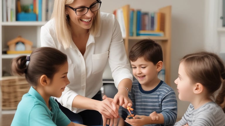 Cozy therapy room bathed in soft pastel tones with child-friendly decor