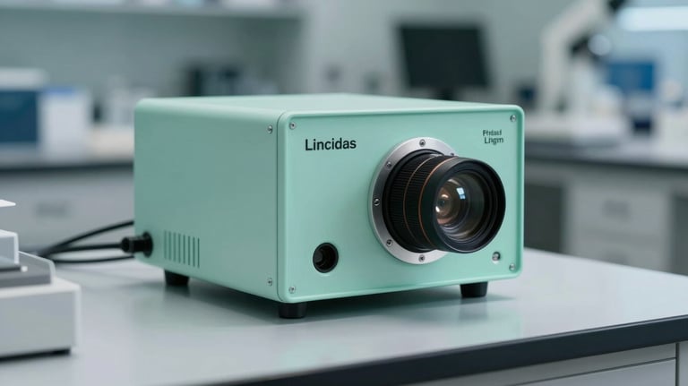 A close-up of a high-tech sensor device on a table in a modern North American / Canadian laboratory, softly lit with arctic mint light.