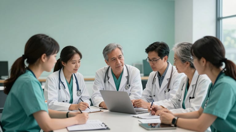 A group of medical professionals in a North American / Canadian university conference room collaborating on a project, with soft forest teal and arctic mint interior colors.