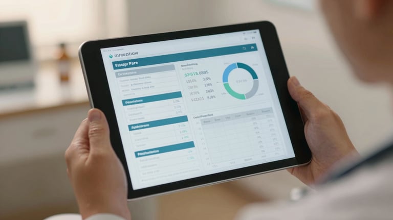 A focused shot of a medical tablet showing health metrics and goals, held by a professional in a North American / Canadian clinic setting. Warm, natural lighting.